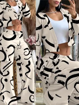 Women's Spring Summer New Fashionable Solid Color Printed Sexy Waist Short Top Casual Pants Set For Women 1