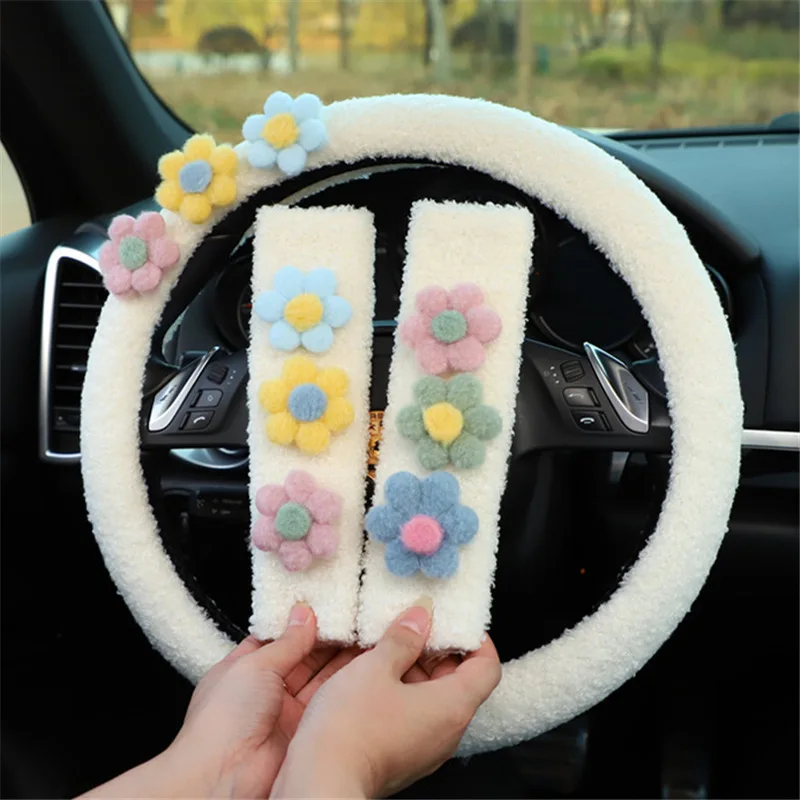 Plush Flowers Car Steering Wheel Cover Seat Belt Cover Shoulder Pad Lamb Fleece Tissue Box Car Styling Cute Accessories Women