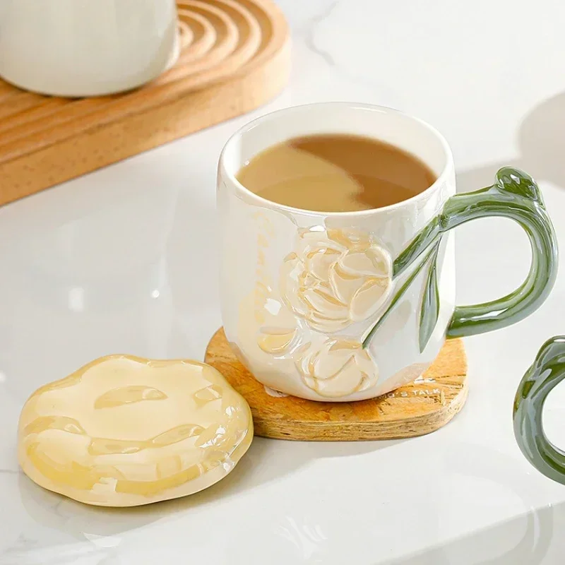 Ceramic Relief Rose Flower Mug for Coffee Tea