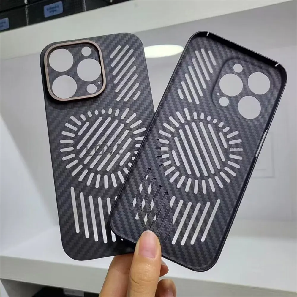 Genuine Carbon Fiber Case for iPhone 14 Pro Max 14Pro Ultra Thin Light Radiating Heat Dissipation Hollow Metal Ring Armor Cover