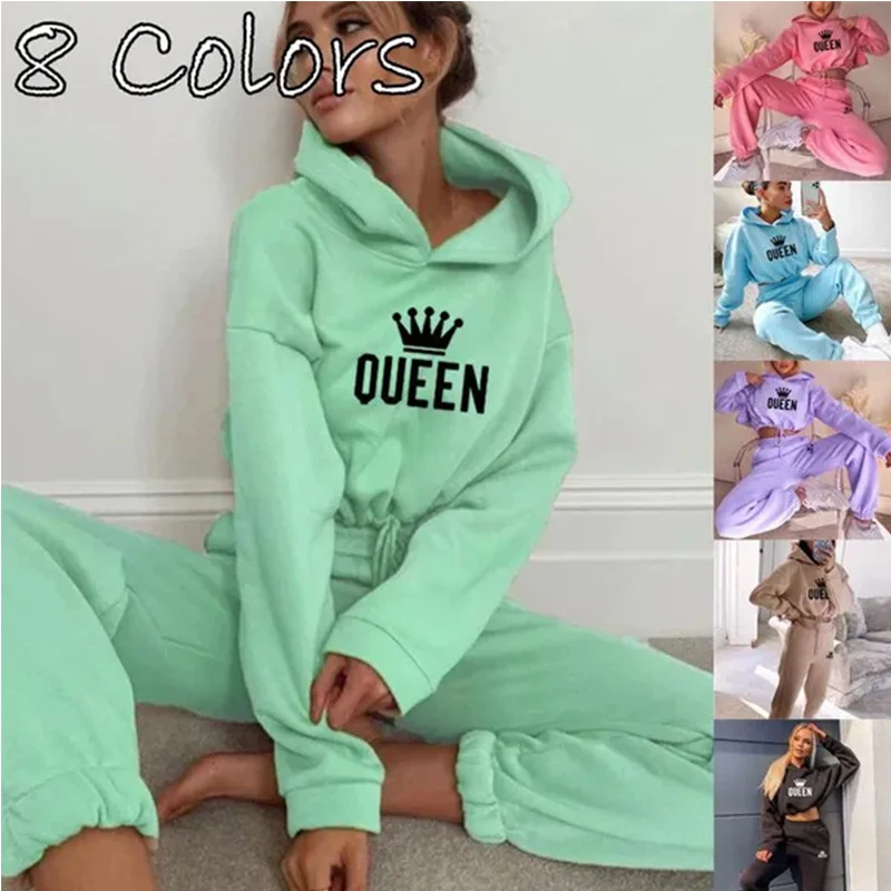 

Women Queen printing Tracksuit Oversized Hoodie and Pants Casual Sport Suit Winter 2 Piece Set 8 Colors S-2XL