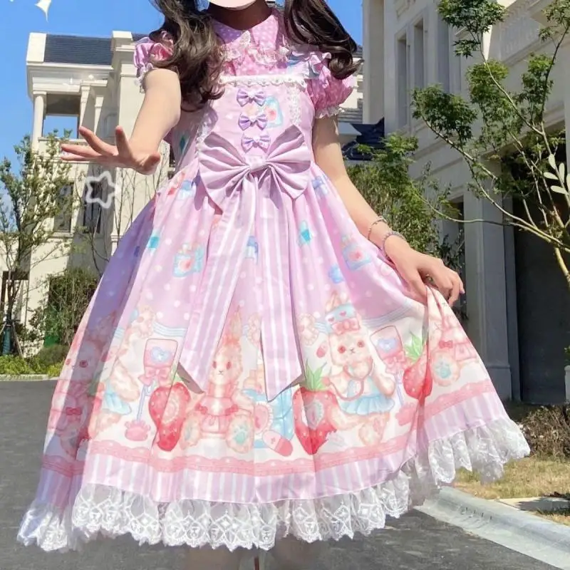 Japanese Harajuku Dream Jsk Lolita Dress Kawaii Cute Cat Print Bow Lace Strap Dresses Girl Sweet Princess Mini Camisole