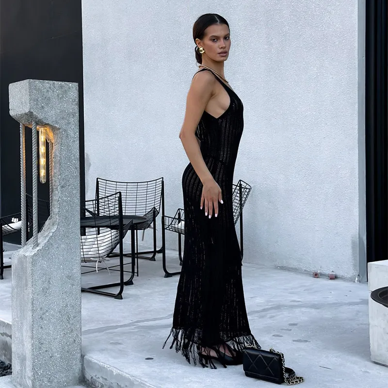 Vestido largo blanco de punto con borlas para mujer, sexy, con escote en V, sin mangas y espalda descubierta, para playa, verano 2025
