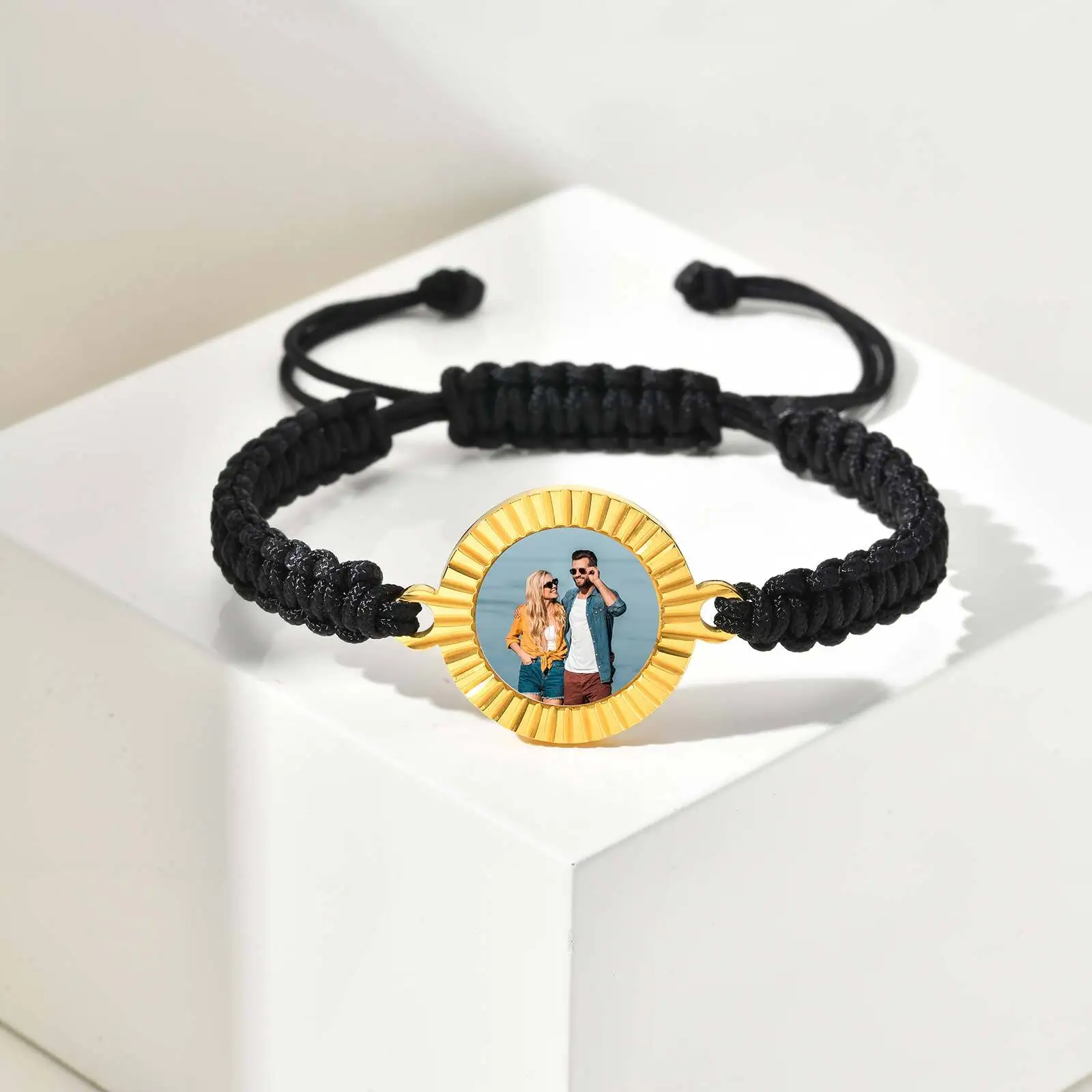 Custom Picture Black Woven Bracelet for Men,Stainless Steel Batch Flower Corrosion Round Wristband,Anniversary's Day Father Gift