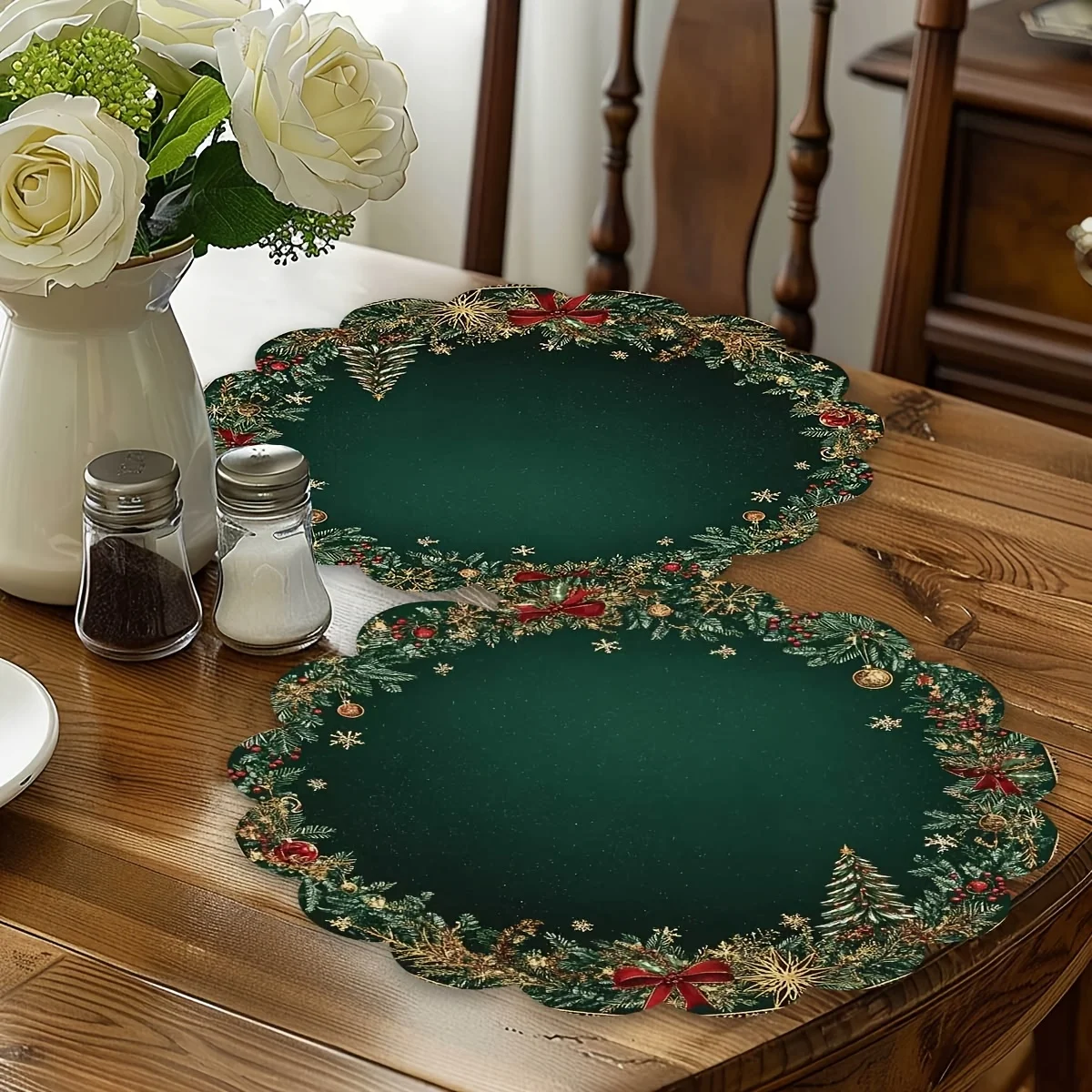 2/4pcs Round Placemats For Dining Table, Christmas Created-Emerald Green Golden Pattern Round Table Mats,Best For Christmas_voghion.com