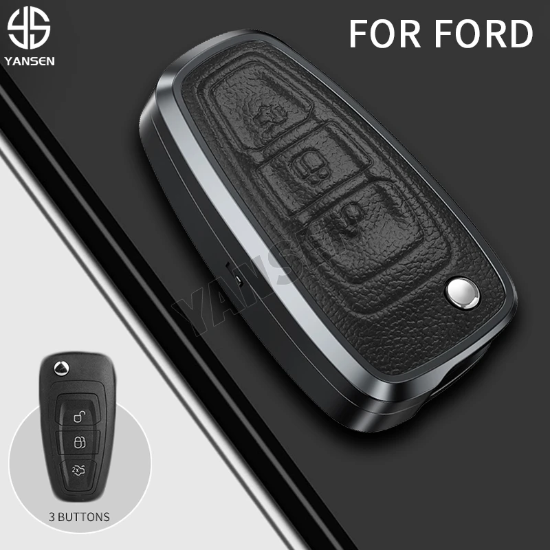 For Ford Aluminum Alloy Leather Car Remote Key Chain Figo 2017 Mondeo 5