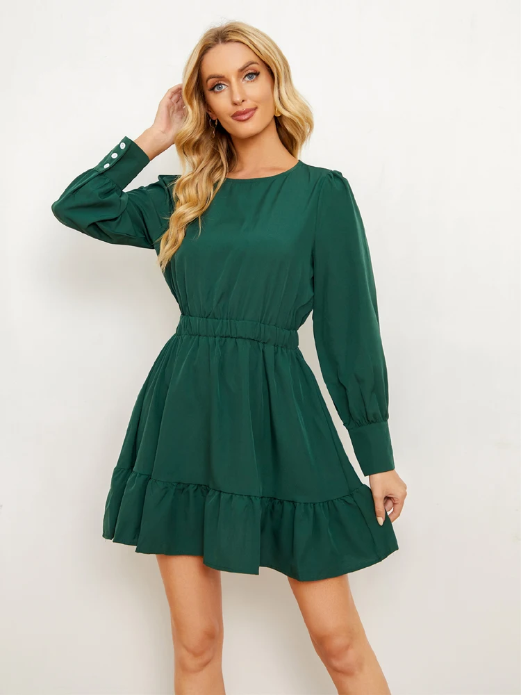 

New Spring Autumn Elegant Women Dress O-Neck Long Sleeve Elastic Waist Solid Color Causal A-line Dresses Femme Vestidos