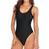 Women's Retro Scoop Neck Padded One Piece Swimsuits High Cut Low Back Bathing Suits Swimwear Bodysuit