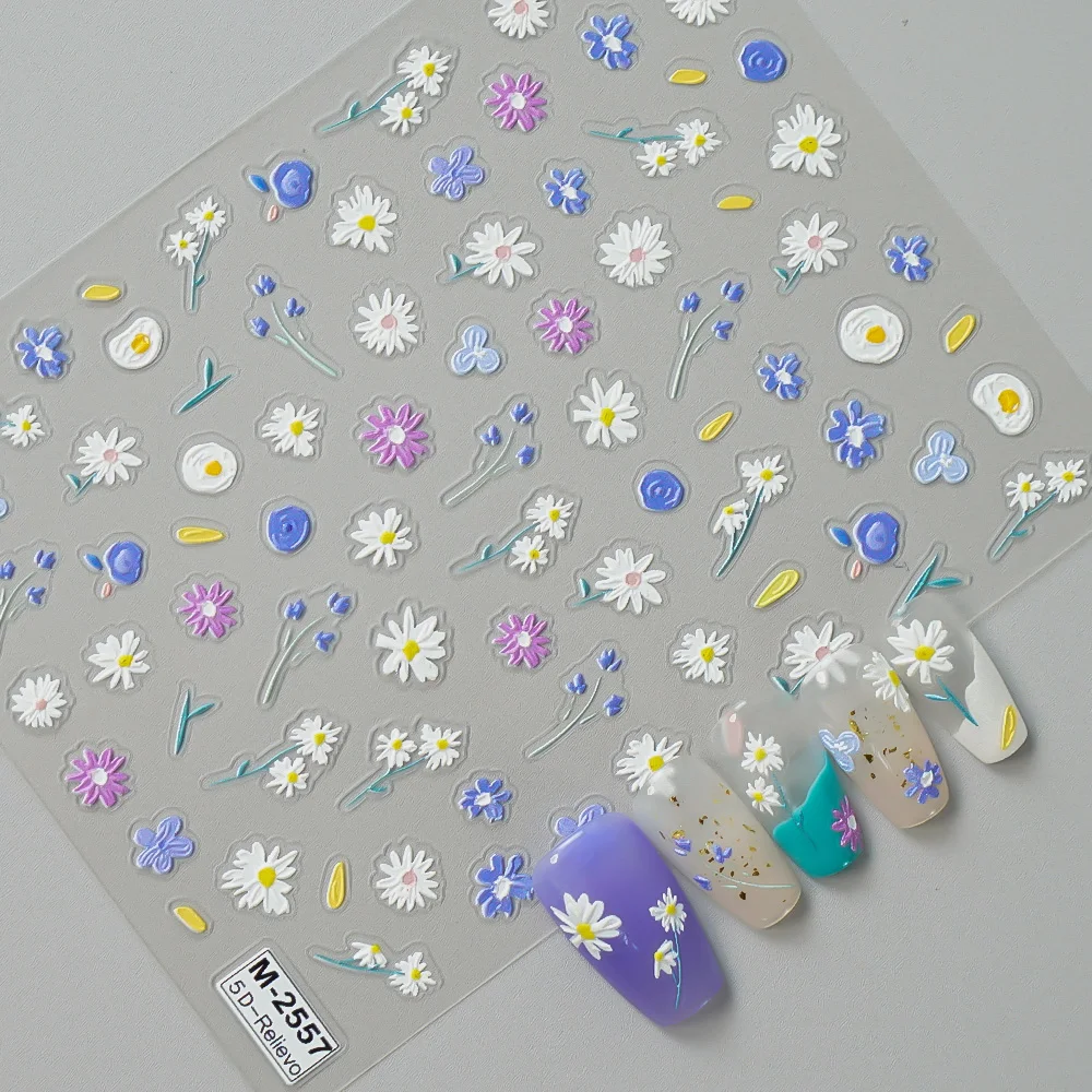 Daisy Flower Embossed 3D Nail Sticker Spring Summer Adhesive Slider Nail Art Decorations Stickers Manicure DIY Decals 1pcs nail stickers