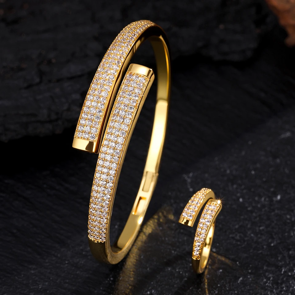 ZAKOL 9 Styles Golden Open Bracelet Ring Jewelry Set Geometric Shiny Zircon 18K Gold Plated Middle East Wedding Party Jewelry 4