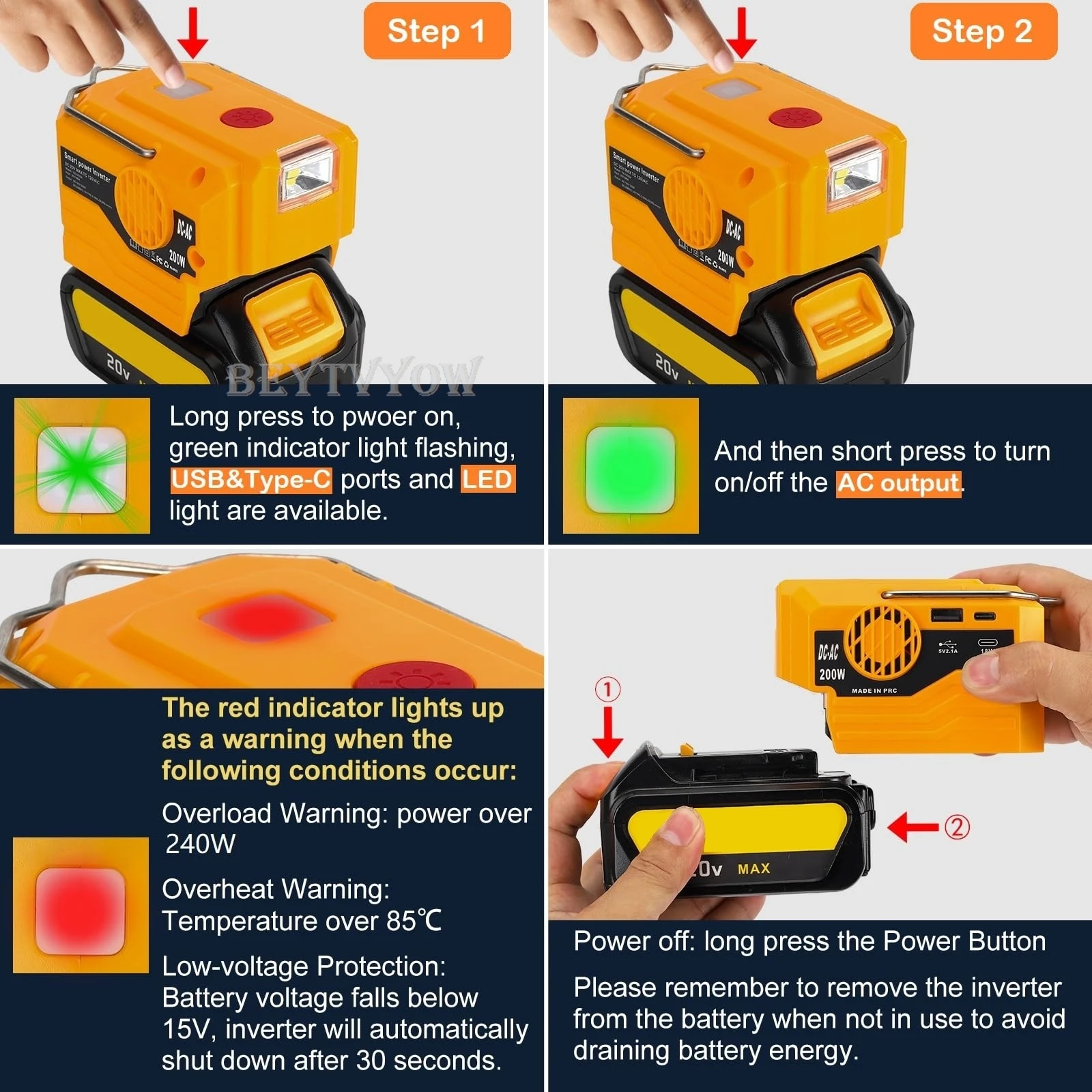 DC 20V to AC 110/220-230V Power Inverter Compatible with Dewalt 20V Max Battery