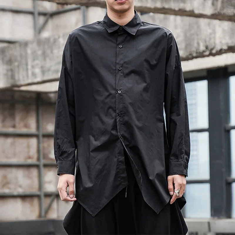 Summer Black Men's Oversize Long Shirt Korean Version Fashion Dark Japanese Clothing Irregular Design Long-sleeved Shirt