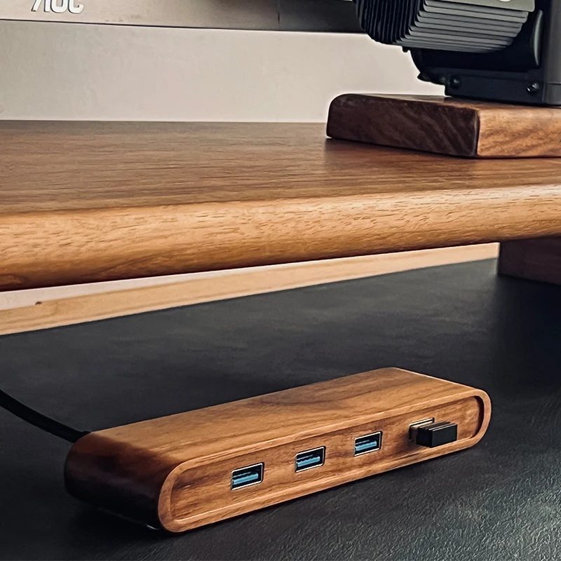 North American Black Walnut USB Splitter Multifunction 1-to-4 Computer Heighten Rack Accessory Office Extension Versatile Hub