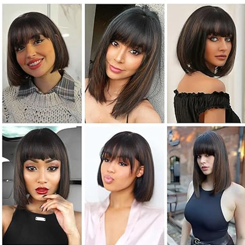 Synthetic Chic 10 Inch Bob Wig with Bangs Natural Black Brown Blend Easy-Style Daily Wear Light weight