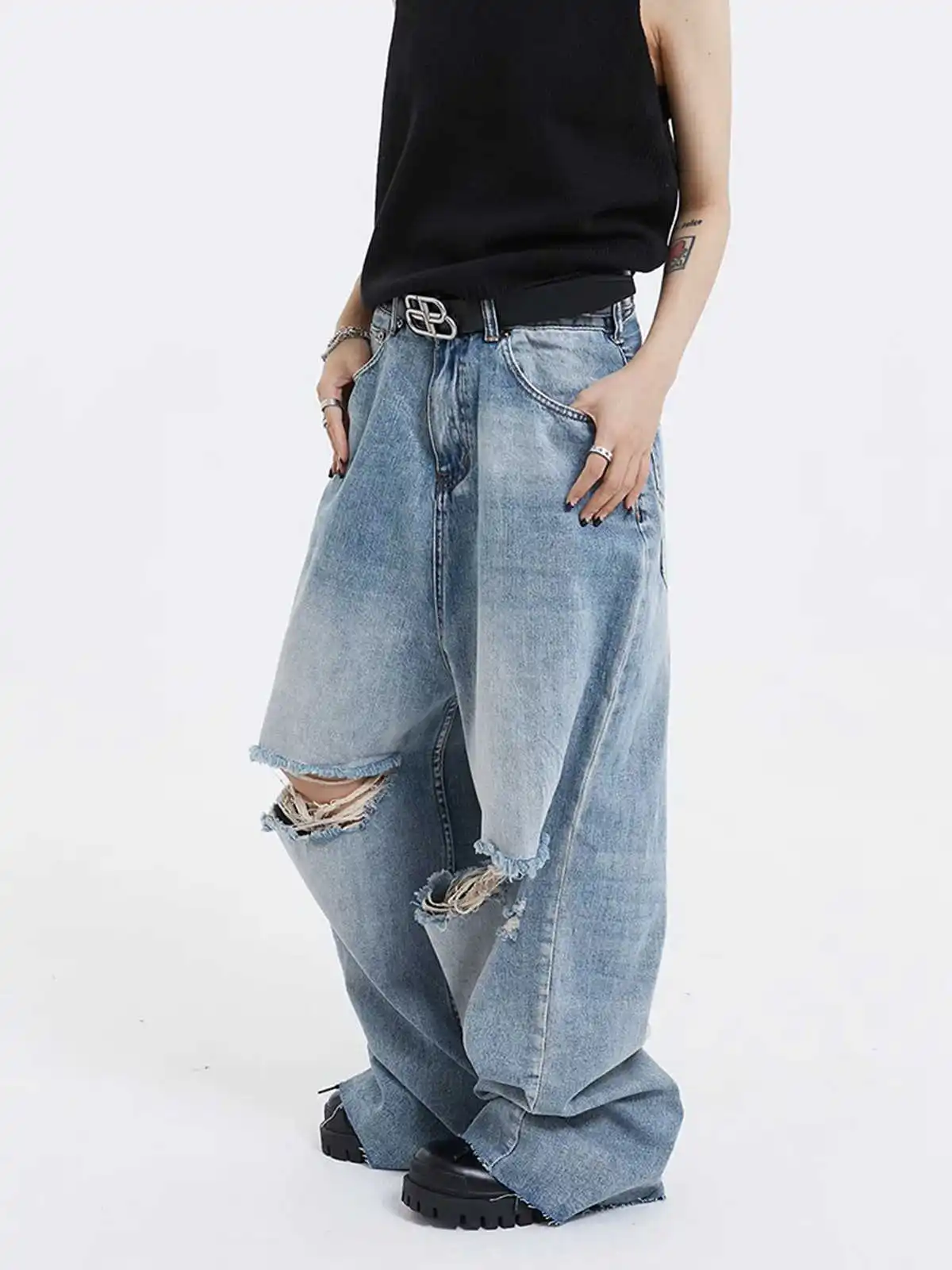 Women's Light Blue Y2k Baggy Ripped Jeans Harajuku 90s