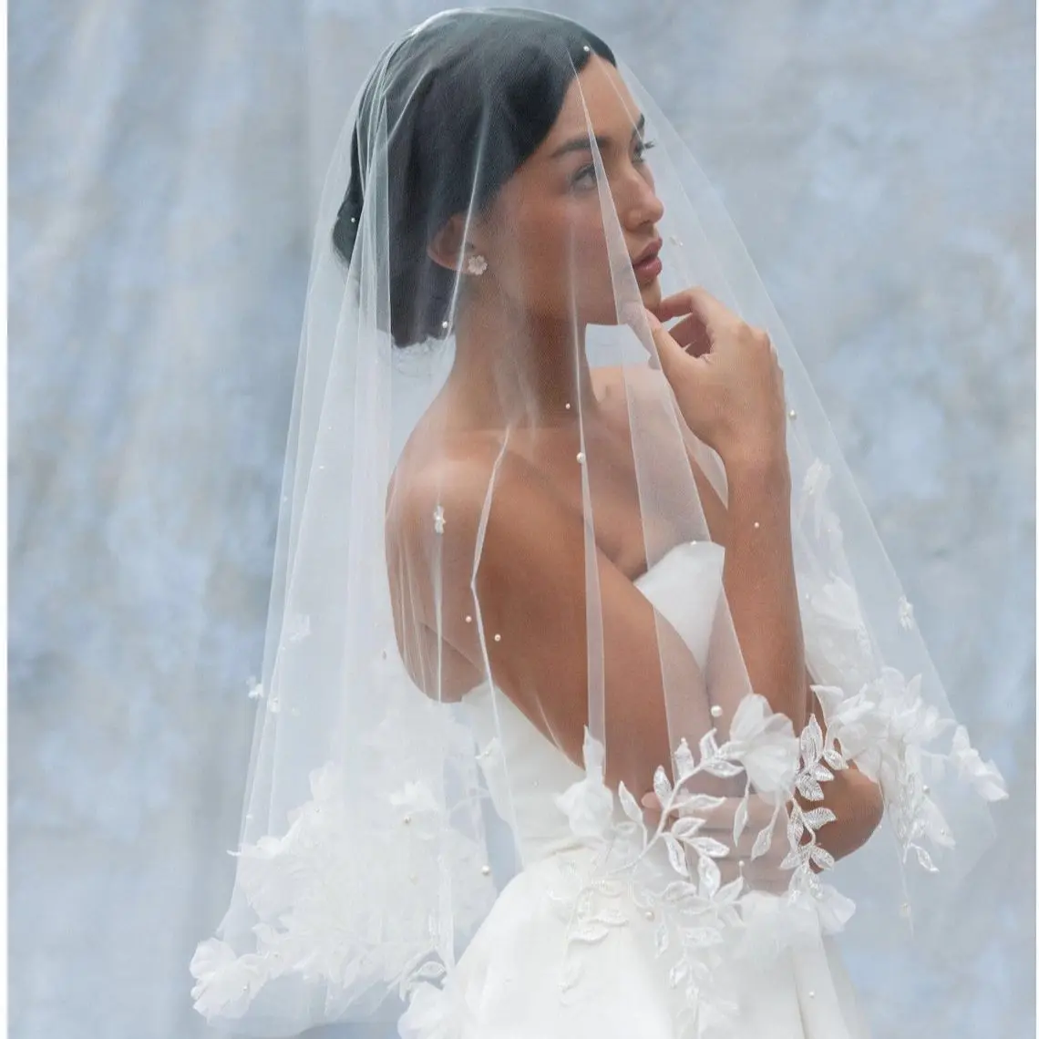 Youlapan V122 Wedding Veil with Face Cover Pearl Petal Veil Wedding Bridal Veil 3D Organza Flowers Edges Elbow Length Veil