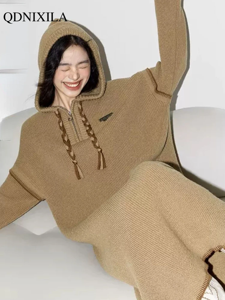 

Elegant Knit Dresses for Women Korean Autumn Winter New Vintage Loose Lazy Casual Hooded Sweater Skirt Fashion Female Clothing