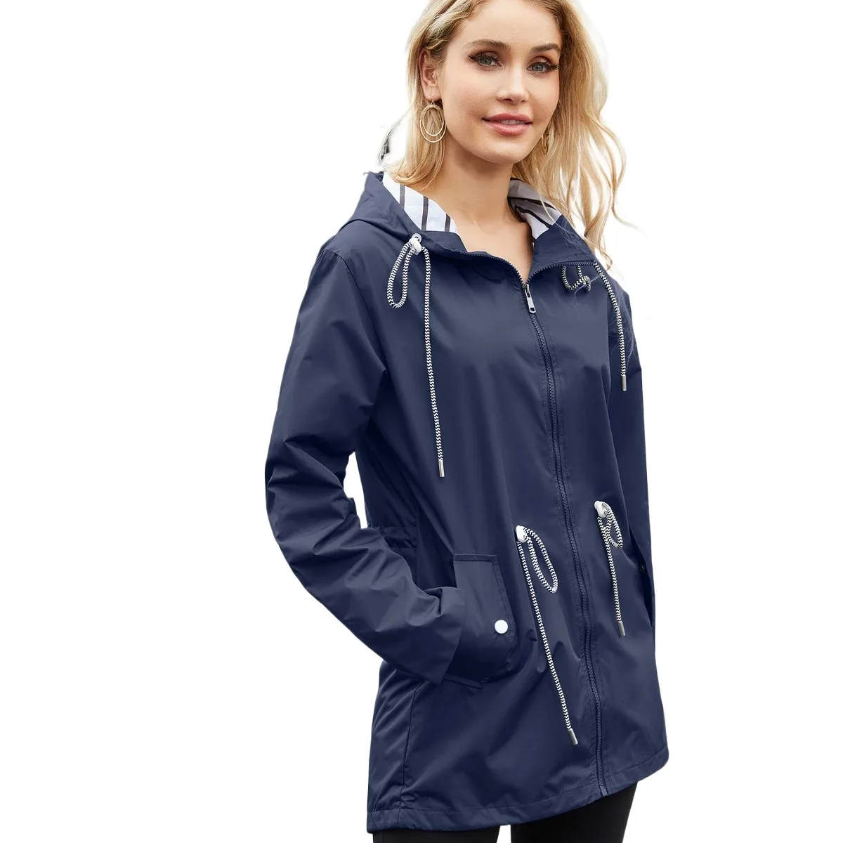 Waterproof Raincoat Womens Casual Basic Outdoors Trench Classic Zipper Long Windbreaker Outdoor Climbing Hooded Tops