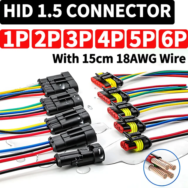 5/20/100 Sets HID 1/2/3/4/5/6 Pin Waterproof Auto Connector Kit with 15CM 18AWG Wire for Car/Truck Harness Wiring 1