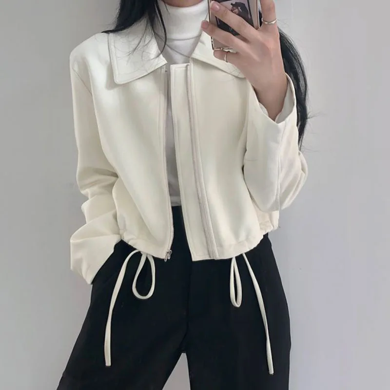 Cropped Leather Jacket for Women Fashion Lapel Zipper Biker Top Coats Casual Long Sleeve Faux Leather Ladies Jackets mujer