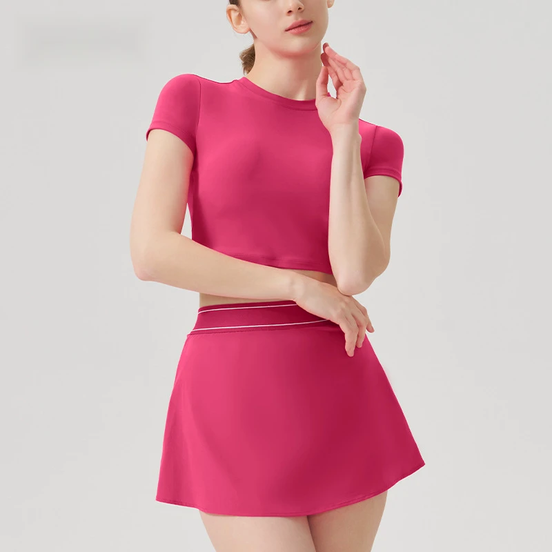 Solid Color New Tennis Top Skirt Set Outdoor Yoga Wear Sports Short t shirt and Skirt Fitness Runnning Picklebal Wear for Women