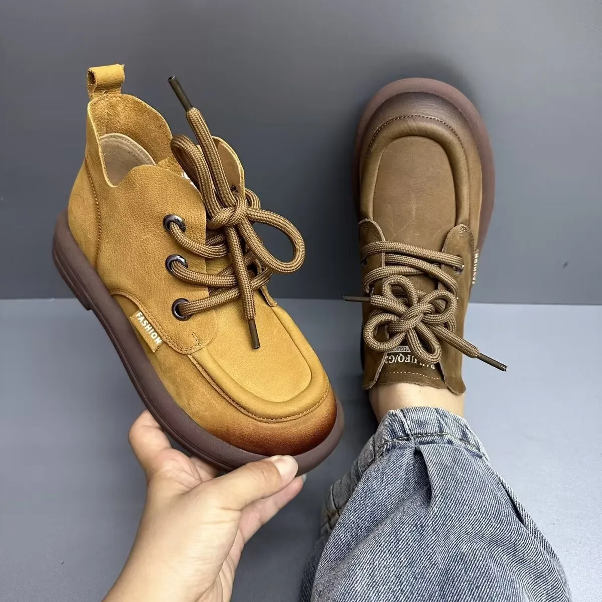 Womens Vintage Ankle Boots Brown Faux Suede Lace Up Flat Booties Woman 2025 New Fashion Solid Color Casual Short Botas Mujer