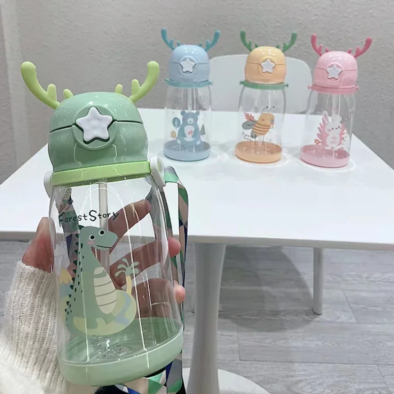 

500ml Deer Horn Children Water Bottle Cartoon Large Capacity Plastic Straw Cup School Student Kawaii Girl Kids Water Bottle
