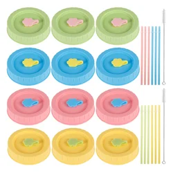 12 - Piece Colorful Plastic Mason Jar Lid Set with Straw Holes and Cleaning Brushes (Set A)