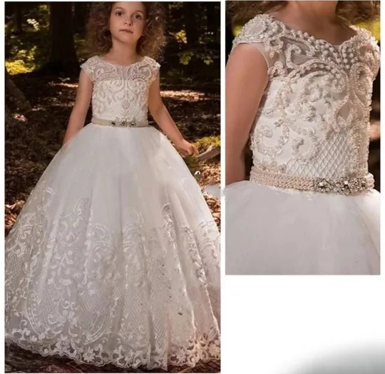 

Ivory White Flower Girl Dress First Communion Dress for Girls Applique Lace Pearls Children Wedding Party Gowns for Girls