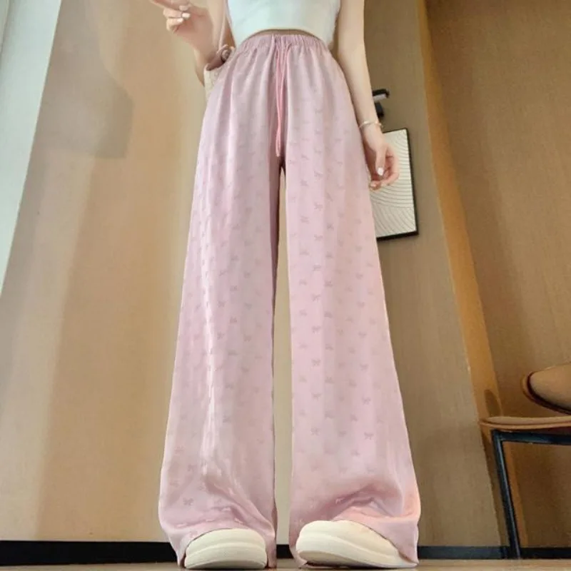 Straight Cylinder Wide Leg Pants Flocking Printing Ice Shreds Female Thin High Waisted Sagging Sensation Acetic Acid Casual