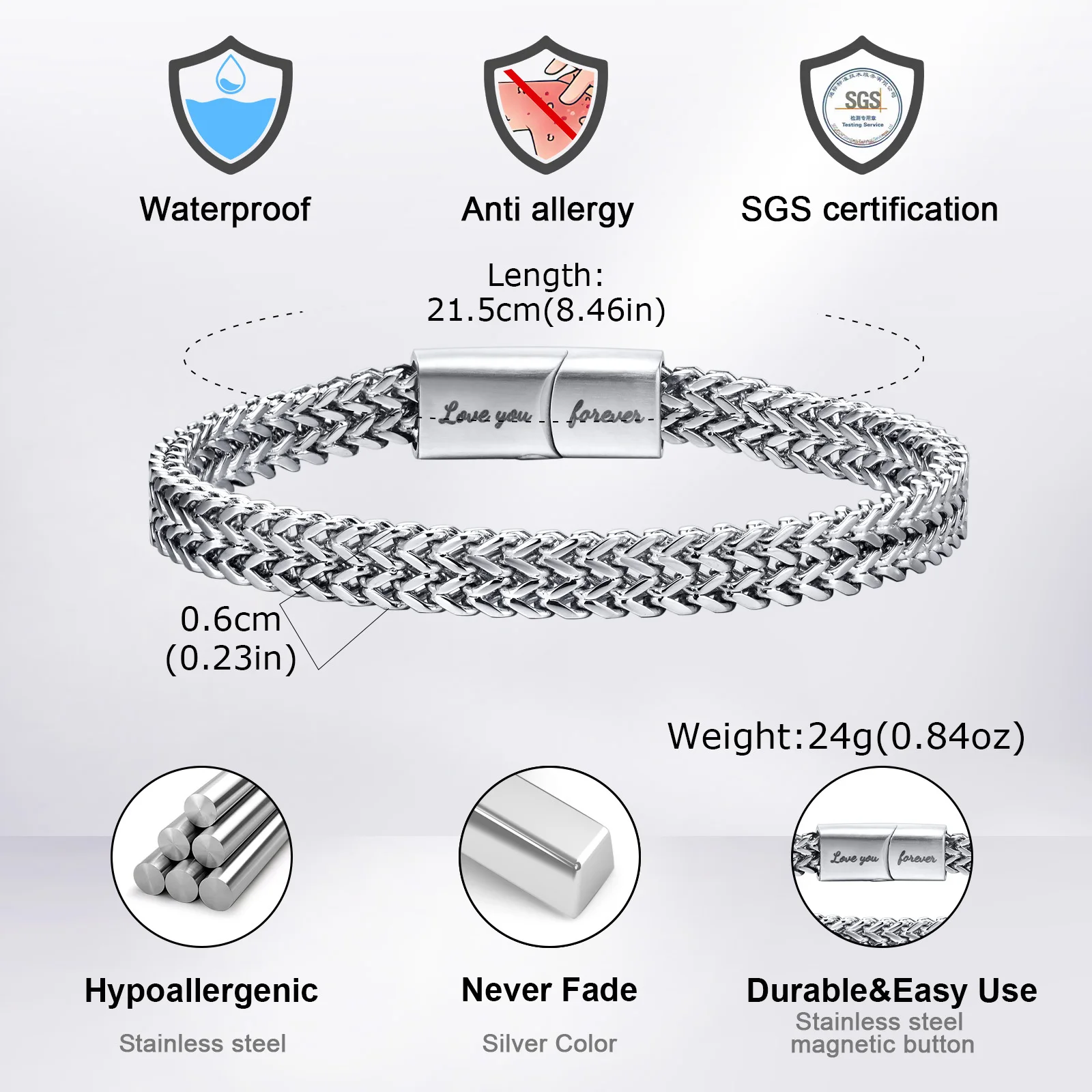 Men's Chain Bracelet for Husband Dad BBF,Waterproof Stainless Steel Franco Chain Bracelet,Length:19/21.5/23CM