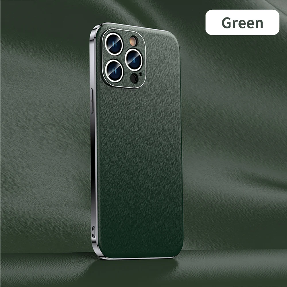 Luxury Genuine Cowhide Leather Phone Case with Full Lens Protection and Elegant Plating Design