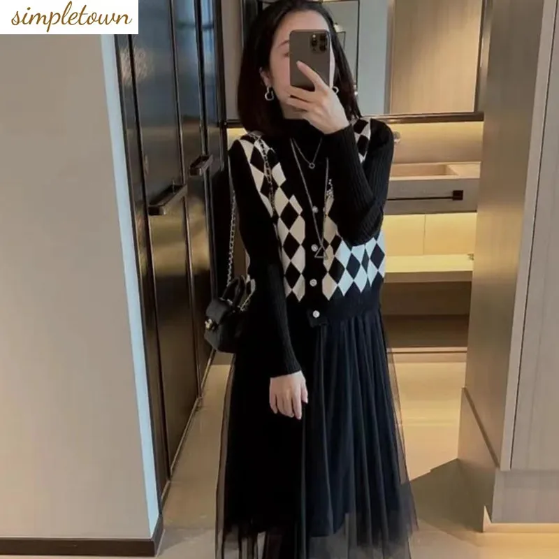 2023 Spring and Autumn Fashion Retro Lingge Knitted Vest Dress Women's Autumn Tank Top Skirt Two Piece Set Fashion