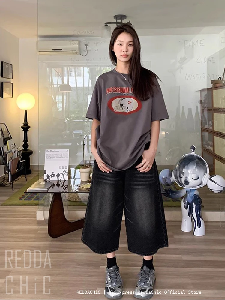 REDDACHIC 레트로 Y2k 헐렁한 Jots 남녀공용 블랙 청바지, 로우 웨이스트 캐주얼 와이드 팬츠, 닳은 데님 반바지, 빅 사이즈 의류