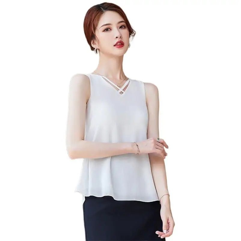 

2024 Summer Basic Tops Women Chiffon Solid Loose Vest Tops Office Lady Thin Tanks Female Sleeveless Shirts Tops