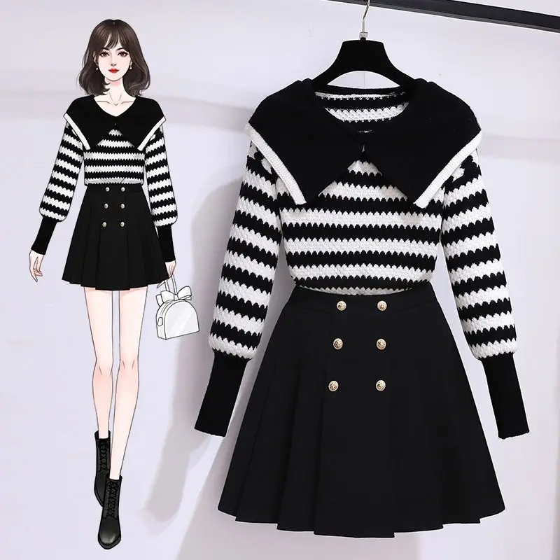 2023 Autumn/Winter New Suit Academy Style Doll Neck Striped Sweater Women's Slim Versatile Short Skirt Two Piece Set Fashion