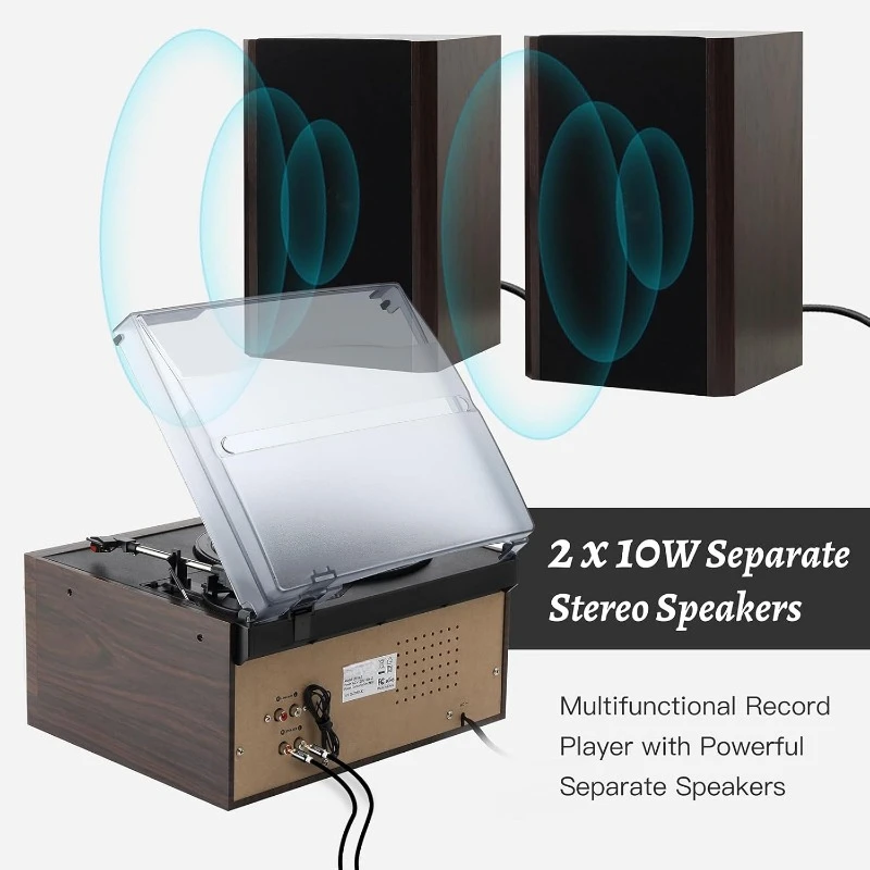 3 Speed Bluetooth Turntable Vinyl Player with CD/Cassette Play,AM/FM Radio 5