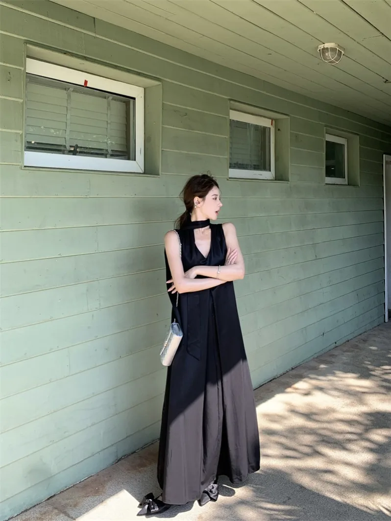 Getadme Summer Elegant Fashion Retro Court Style Dress Women's Dress New Style Temperament V-neck Lace Up Waist Dress Robe Argent