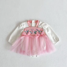 

Baby Girl Clothes Spring Autumn New Chinese Style Embroidery Mesh Patchwork Romper Dress for Newborns Cotton Children's Clothing