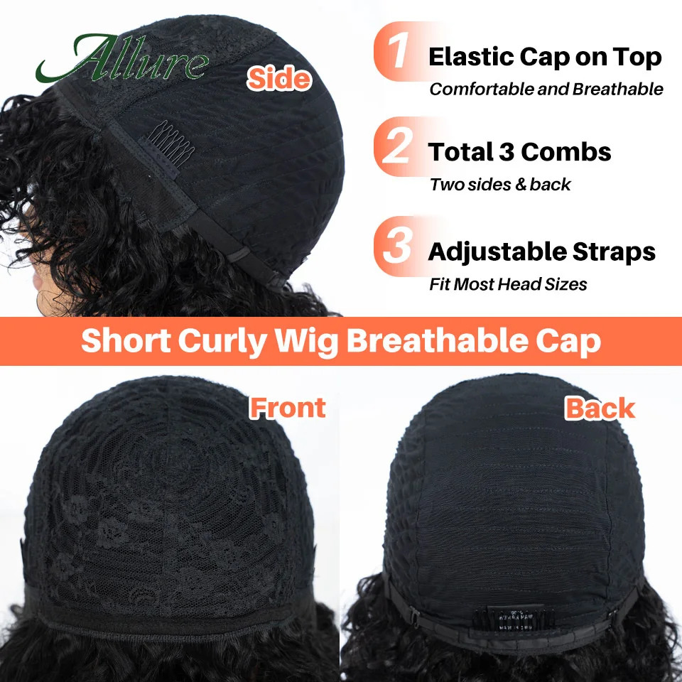 흑인 여성용 짧은 픽시 밥 컷 인모 가발, 제리 컬리 노 레이스 프론트 가발, 자연스러운 블랙 컬러 앞머리 있는 가발, 알뤼어