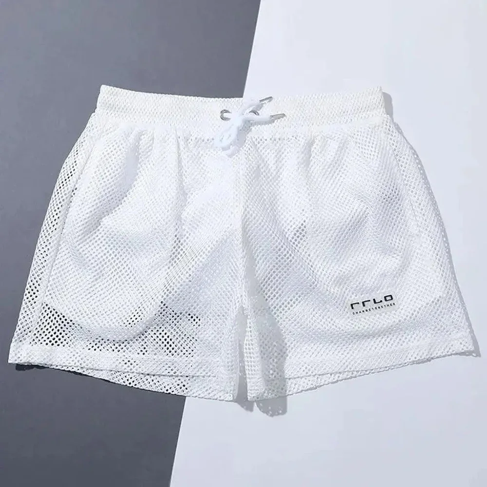 Mens Shorts Mesh See-Through Hollow Sexy Swim Trunks Streetwear Personality Versatile Holiday Beach Pants Men'S Clothing 2024 2