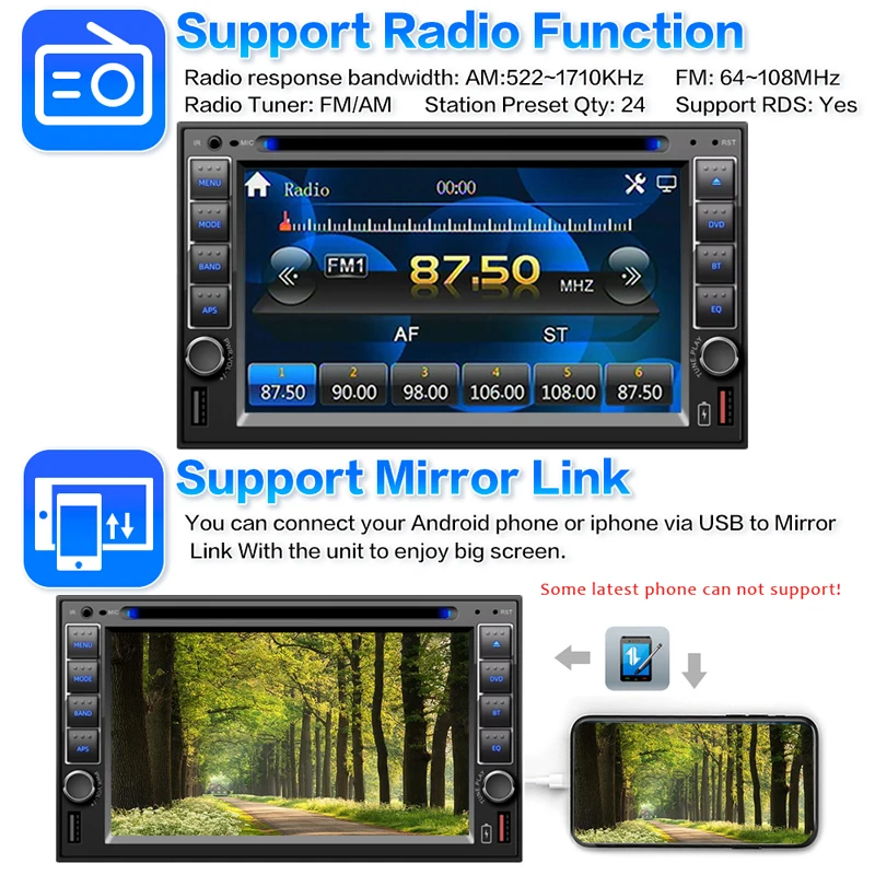 Double Din 자동차 스테레오 라디오, HD 터치스크린, 블루투스, 미러 링크 자동차 오디오, CD DVD 플레이어 포함, 4 채널, 6.2 인치