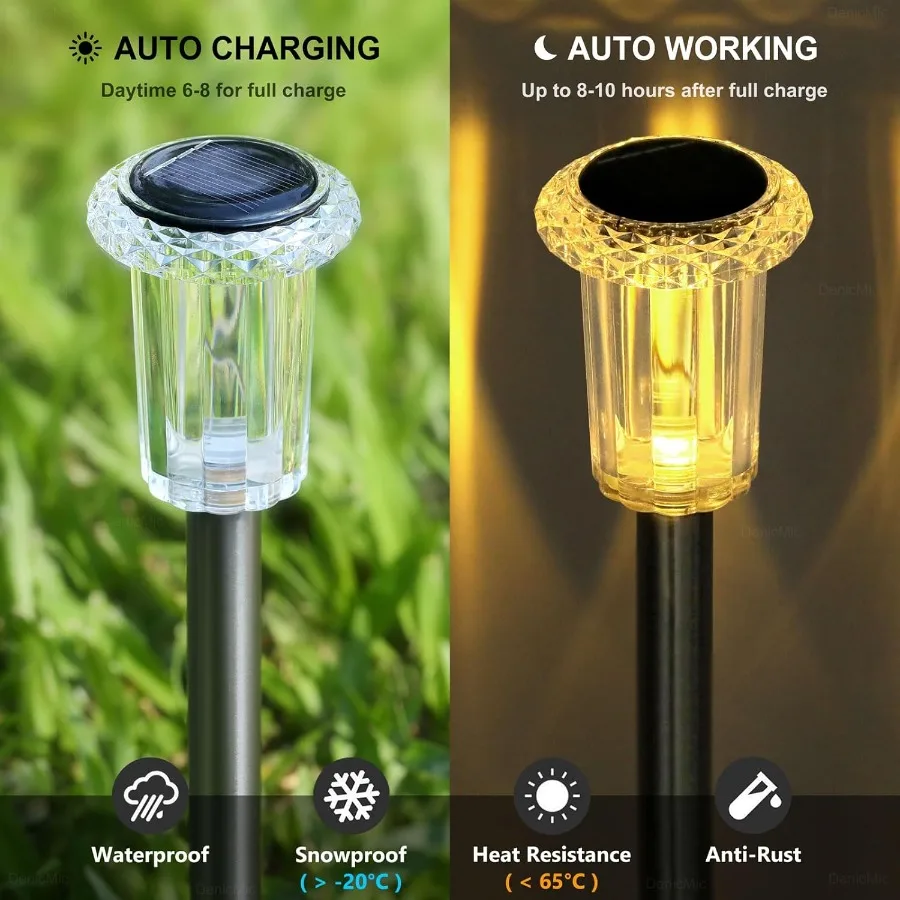 Solar Lights Outdoor 10 Pack Waterproof 3000K Warm White LED Acrylic Lamp Head Stainless Steel Stake for Landscape Lighting Pat