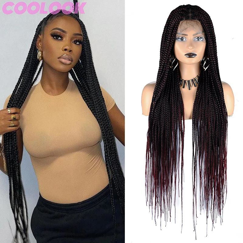 

36 Inch Full Lace Box Braid Lace Front Wigs Long Knotless Box Braids Frontal Wig Ombre Synthetic Braided Wigs for Black Women
