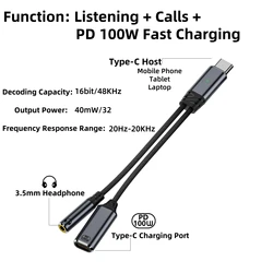 Dual - Function USB - C to 3.5mm Audio and Charging Adapter with 100W Fast Charge Capability (Grey Adapter Cable)