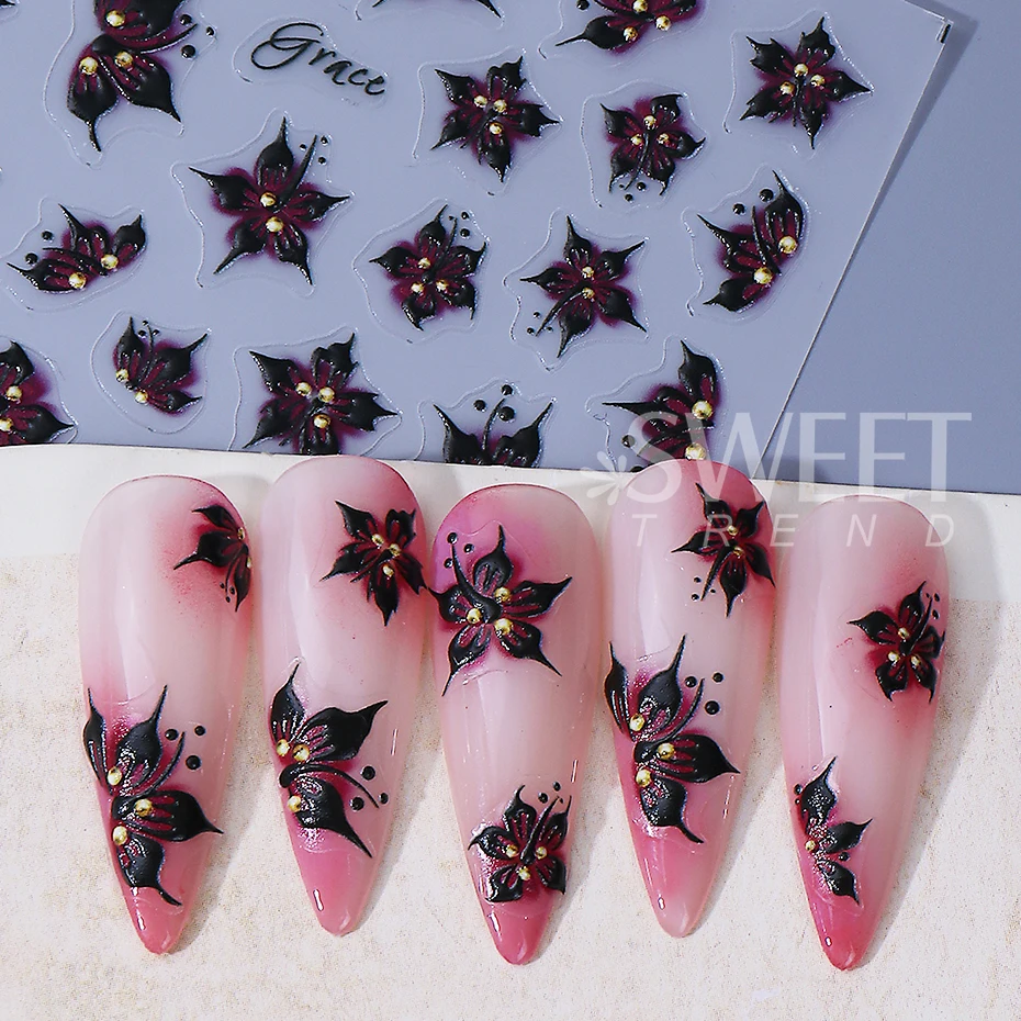 2pcs Hibiscus Flower Nail Art Sticker 3D Floral Textured Decal Y2K Gradient Petal DIY Romantic Self-Adhesive Manicure Decoration