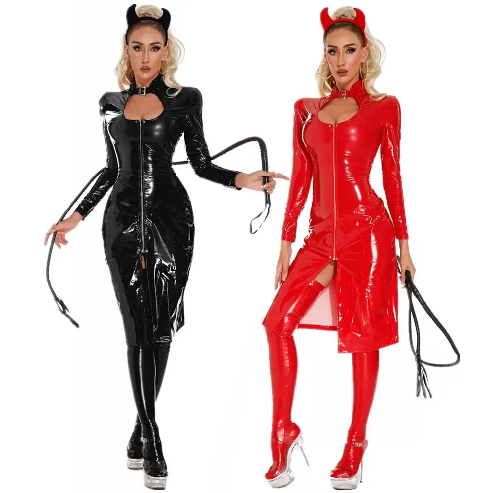 

Sexy Evil Queen Uniform Cosplay Halloween Costumes For Women Demon Game Dark Witch Costumes Wetlook Leather Coat Dress