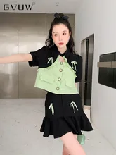  GVUW Design Sense Vintage Puff Sleeve Black Green Shirt High Waist Ruffle Skirt Two Piece Suit Female Summer 2022 Tide 20A2106 