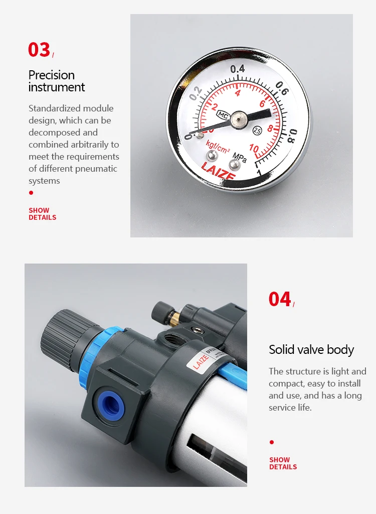LAIZE BFC2000 3000 4000 FRL Druckluftfilter Druckregler Schmiergerät mit Manometer Metallbecher-Schutz – Detail 10