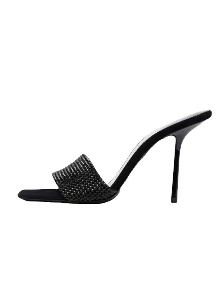 European and American Sexy Slippers Women's 2024 New Square Headed Water Diamond Slim Heel Sandals Women's High Heels
